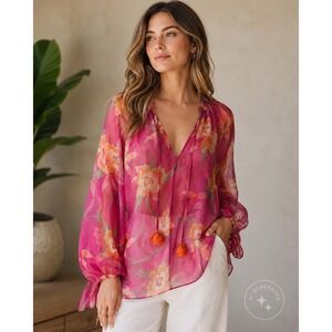 Christian Dior Paris Silk Floral Sheer Blouse Top Pink Orange Tassels IT 42 Boho